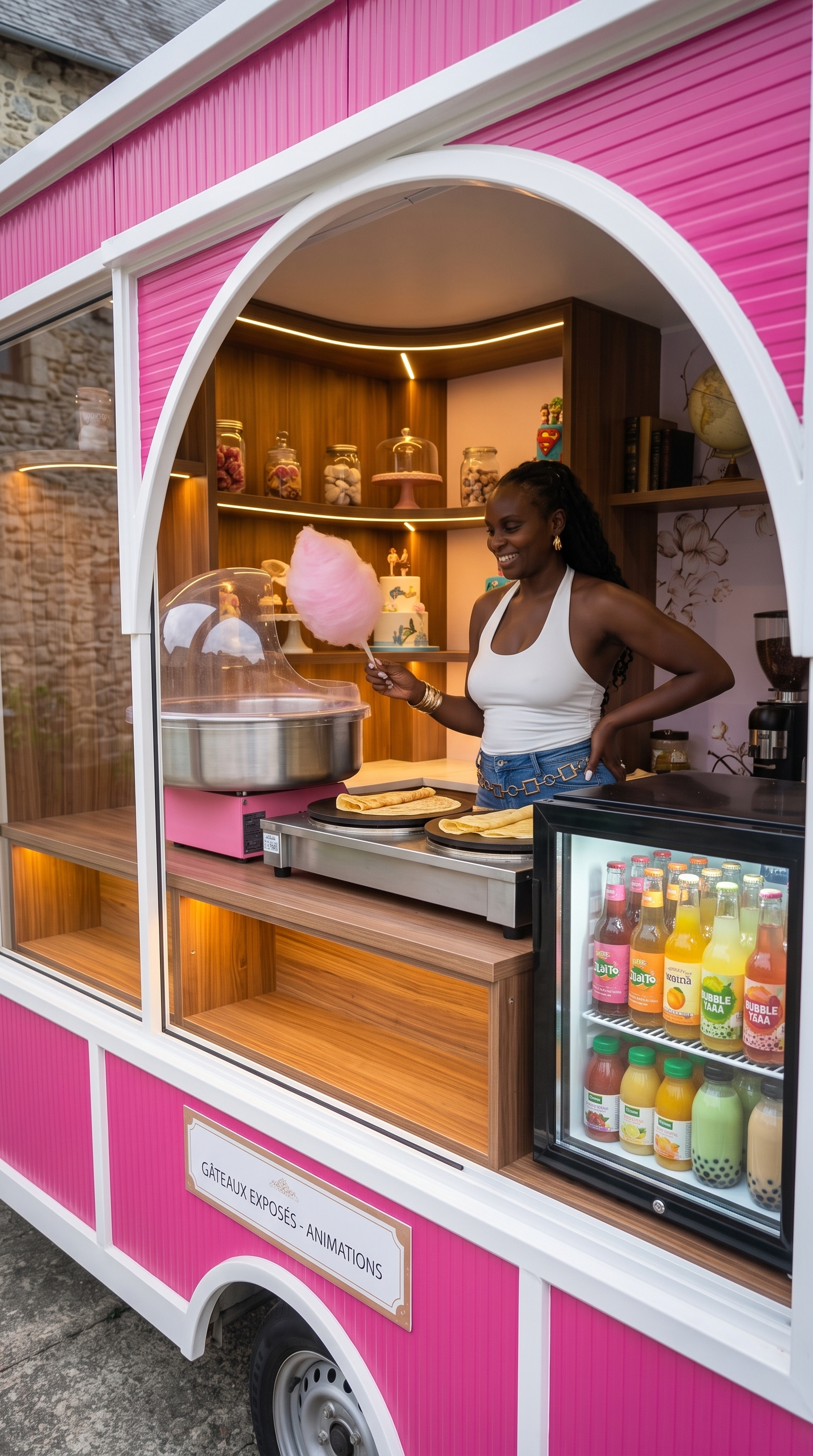 La boutique rose aménagée en comptoir gourmand lors d’un événement